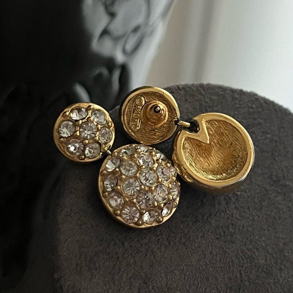 Vintage Christian Dior Round Drop Dangle Rhinestone Pavé 14k Gold Post Earrings - Picture 2 of 2